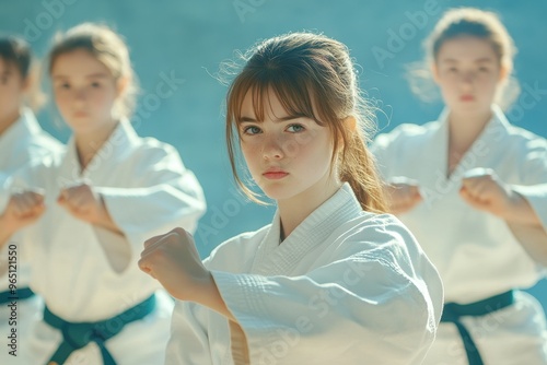 Successful multi ethnic karate kids in position