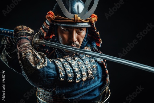 Warrior in traditional armor with sword Japanese photo