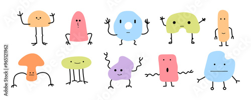 Cute monster doodle character collection. Colorful hand drawn cartoon template with various expression. Abstract figures design for kids illustration.