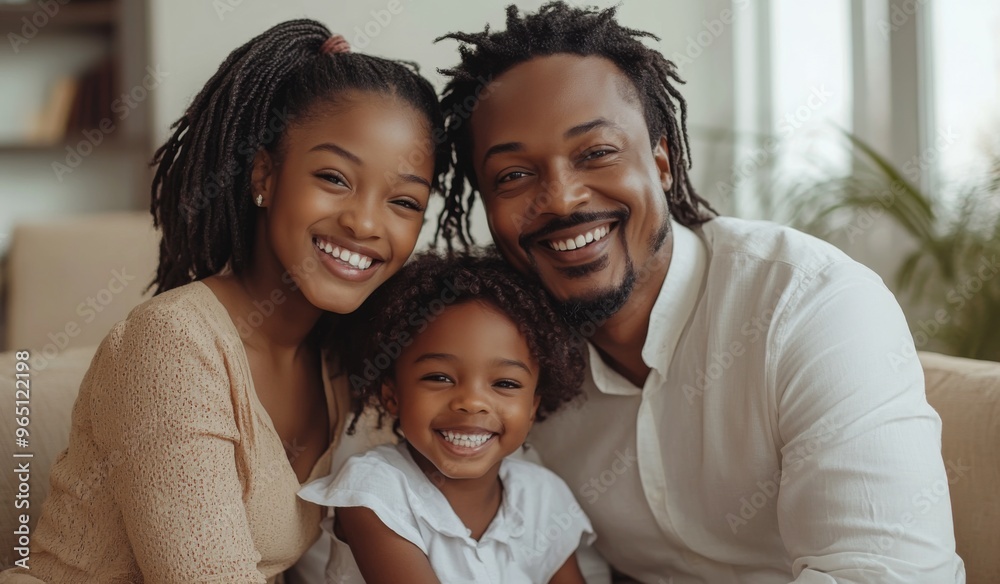 A happy black colored family with two children sitting on the sofa at home, laughing and playing together in the living room. High-quality, realistic photograph. A happy black colored family with two children sitting on the sofa at home, laughing and playing together in the living room. High-quality, realistic photograph.