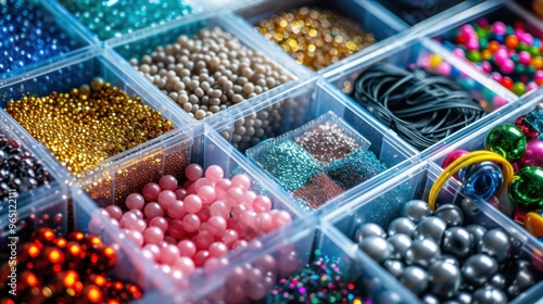 Craft Supplies Box: This clear plastic box holds an array of colorful beads, glitter, markers, and ribbons, perfect for her creative projects and craft ideas. 