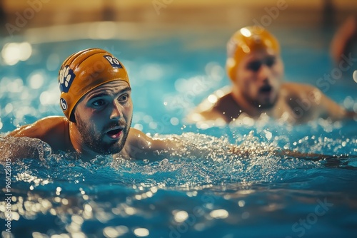 Water polo athletes in rubber swimming caps playing games in the pool Adult animation with blurred background photo