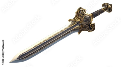 A vintage metal sword isolated on a white background, showcasing a classic steel design with a touch of antique, silver and gold tones, evoking a sense of history, security, and craftsmanship