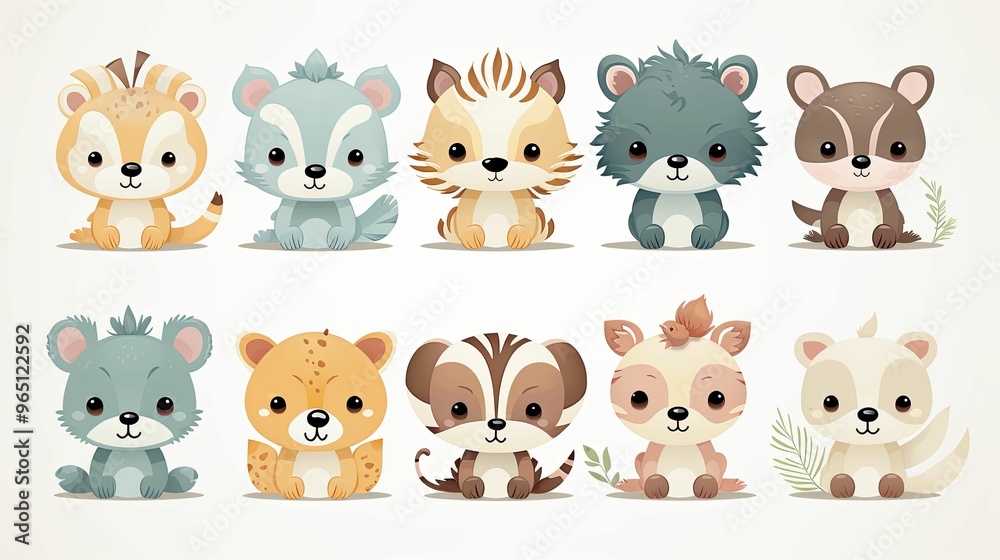 Adorable Cartoon Animals Sitting on a White Background Adorable Cartoon Animals Sitting on a White Background