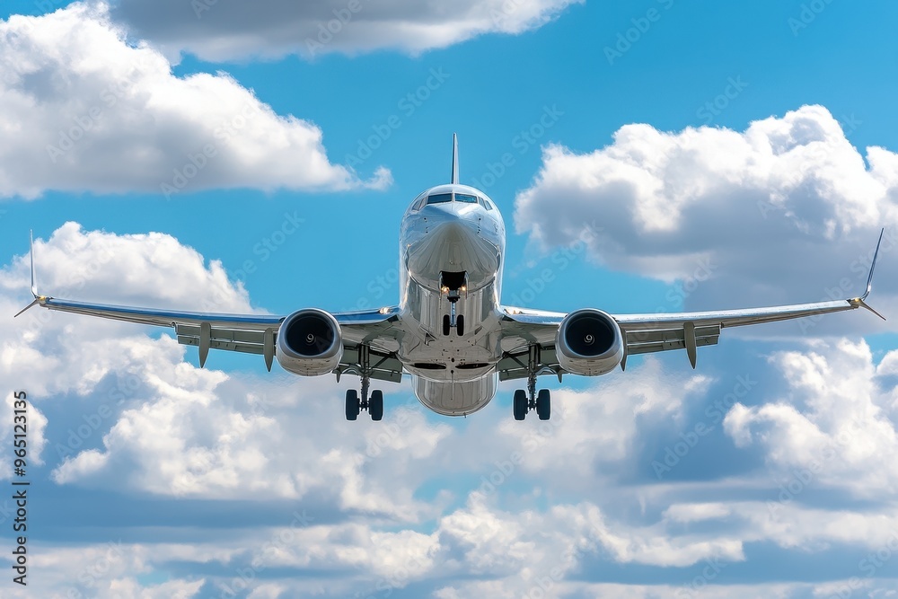 Naklejka premium White aircraft landing in bright cloudy sky