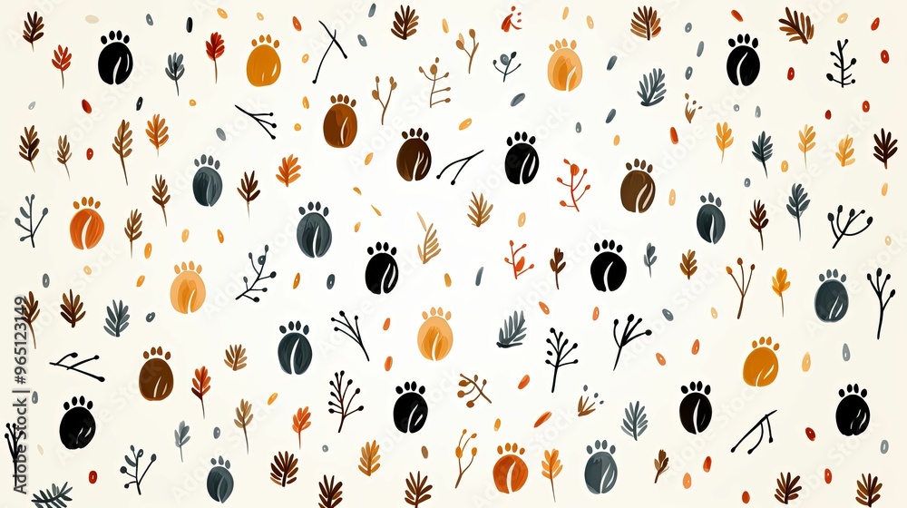 Watercolor Pattern with Abstract Leaves and Circles Watercolor Pattern with Abstract Leaves and Circles