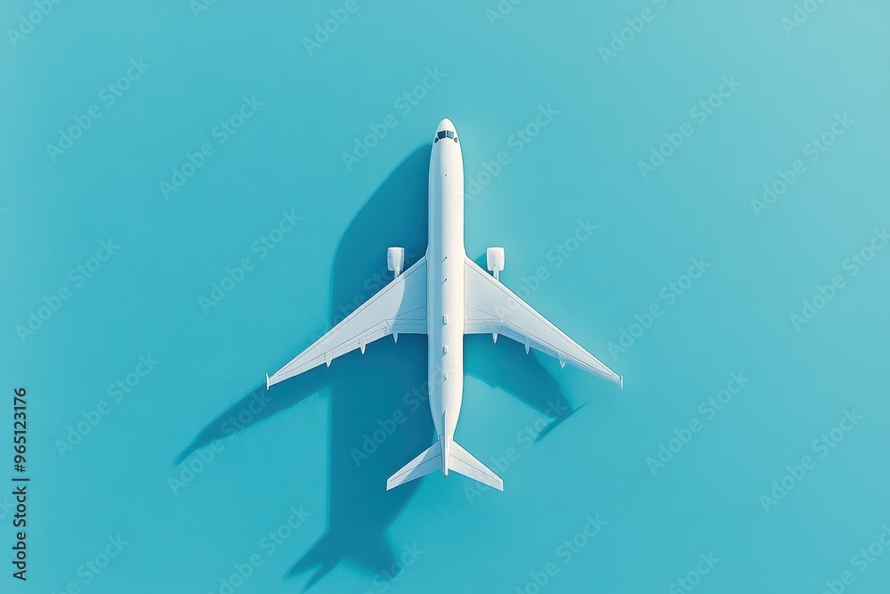 White airplane on blue runway background from top view in a flat lay style Represents summer travel and vacation Banner White airplane on blue runway background from top view in a flat lay style Represents summer travel and vacation Banner