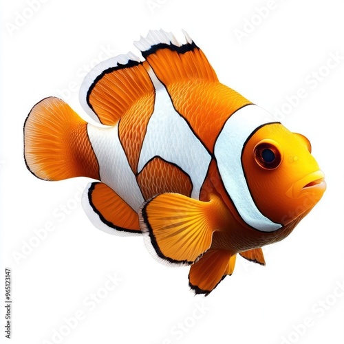 An orange and white clownfish with black outlines on its fins and body is swimming in a horizontal position against a white background.