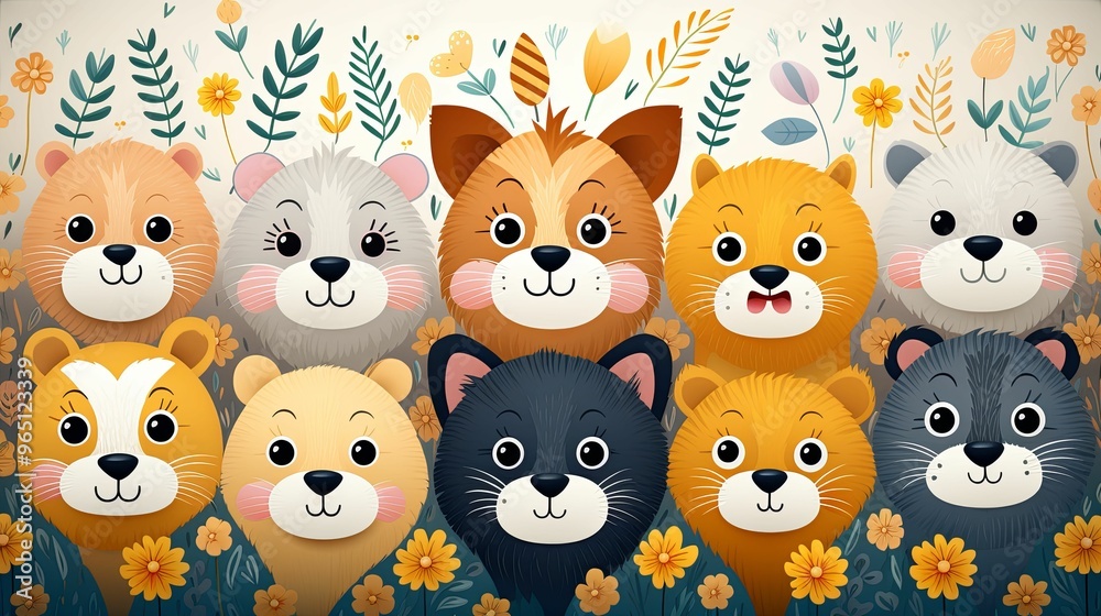 A Group of Adorable Cartoon Animals Smiling in a Field of Flowers A Group of Adorable Cartoon Animals Smiling in a Field of Flowers