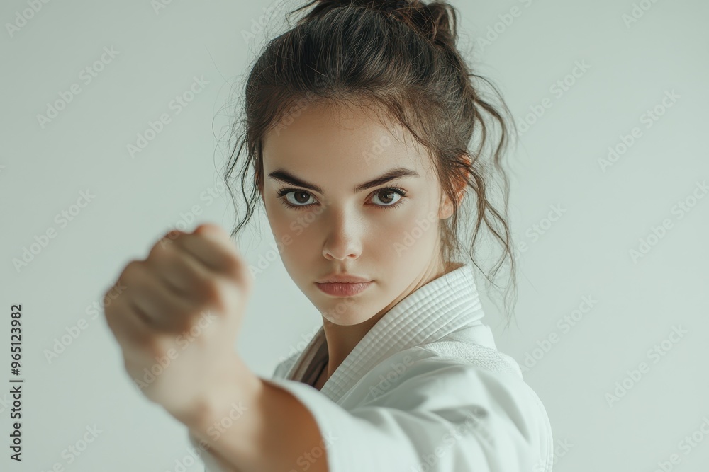 Woman doing karate pose on white background Woman doing karate pose on white background