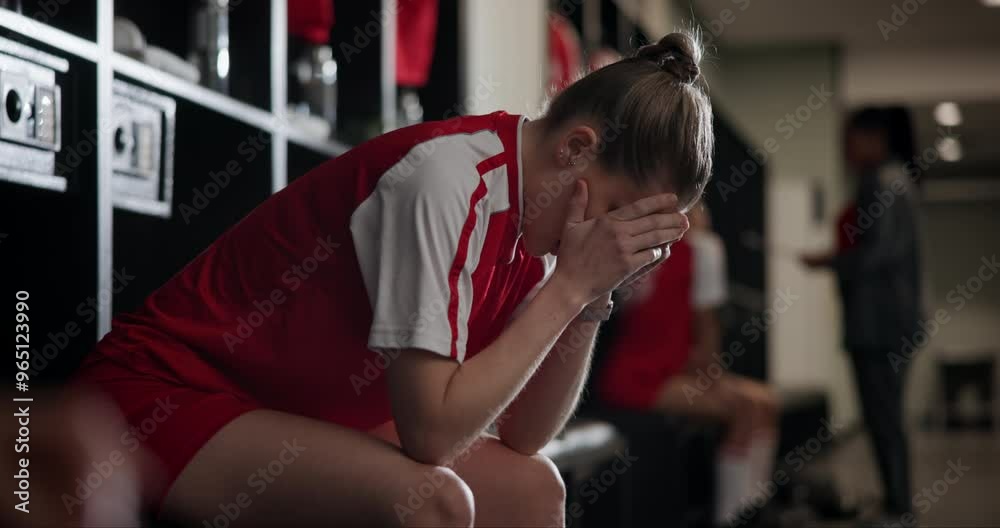 Locker room, sports and woman soccer player with loss at game, training or tournament in Paris. Upset, regret and female football athlete in cloakroom thinking of mistake in match or practice.