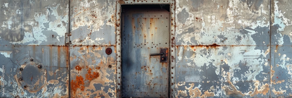 Aged, rusty entrance door or hatch with gray, peeling paint leading to a shelter. Aged, rusty entrance door or hatch with gray, peeling paint leading to a shelter.