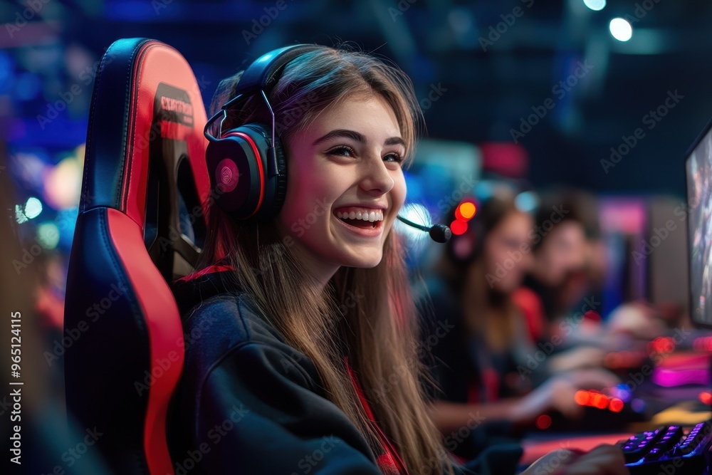 Woman gamer enjoying PC video game with friends Female player competing in Esports tournament or convention Woman gamer enjoying PC video game with friends Female player competing in Esports tournament or convention