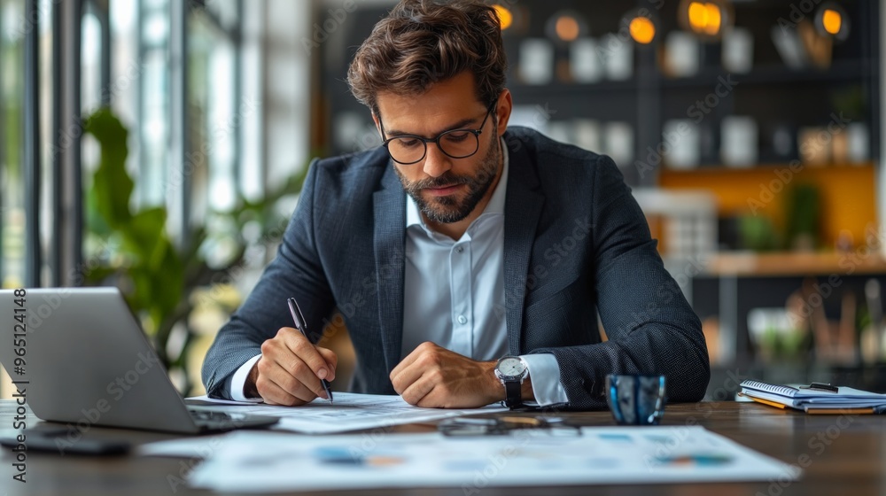 Focused Businessman: A serious, determined businessman in a suit meticulously reviews documents in a modern office setting, exuding professionalism and dedication. Focused Businessman: A serious, determined businessman in a suit meticulously reviews documents in a modern office setting, exuding professionalism and dedication.