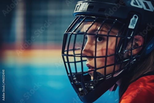 Woman goalkeeper wearing helmet focused on floorball game in gym photo