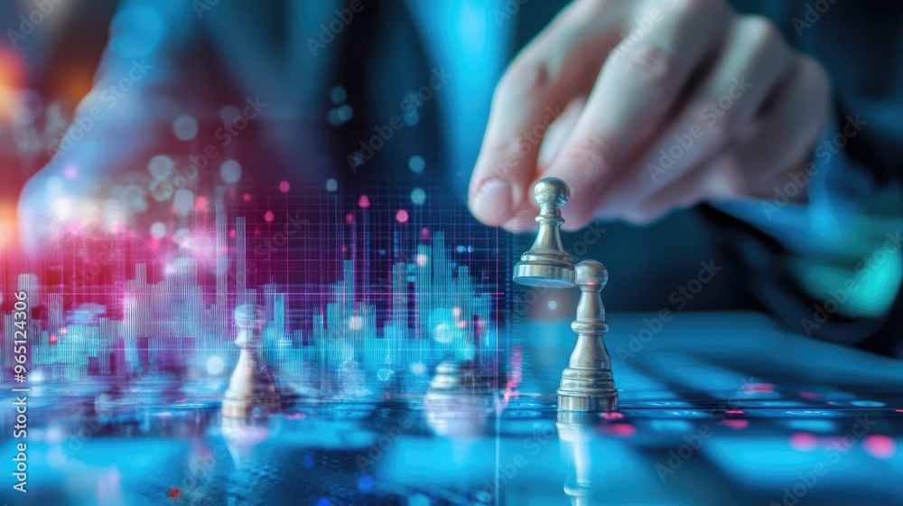 Futuristic Chess Strategy - Neon Chess Pieces in Virtual Grid