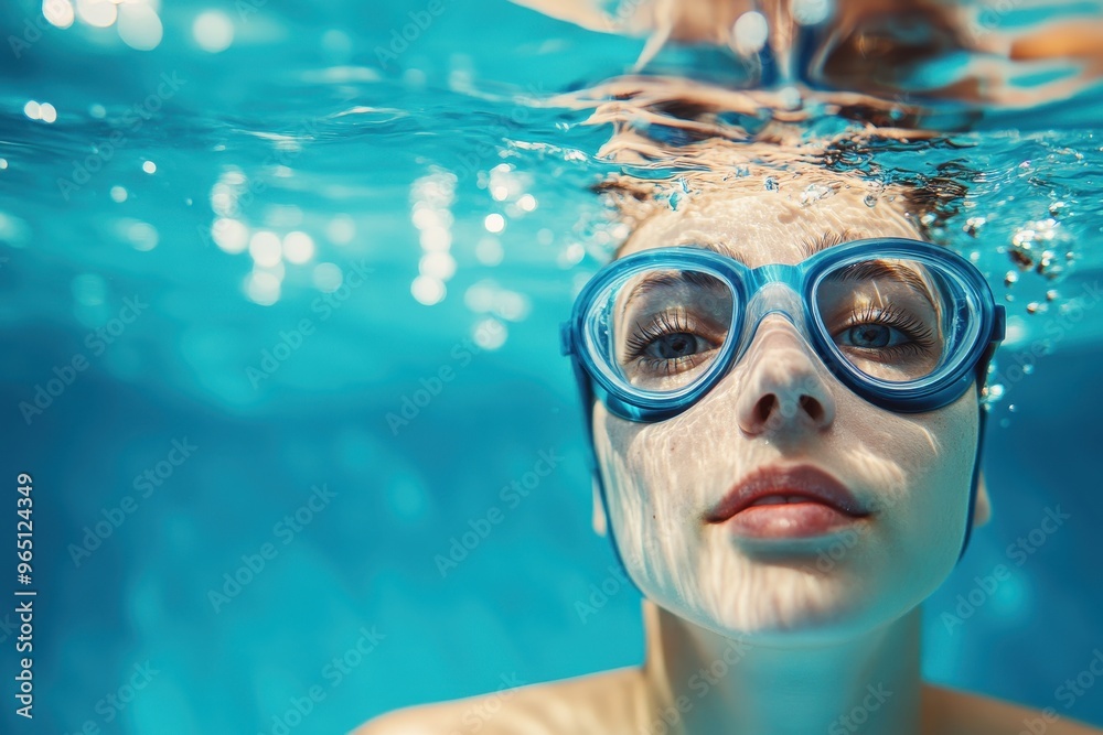 Fototapeta premium Woman in cap and glasses swimming underwater