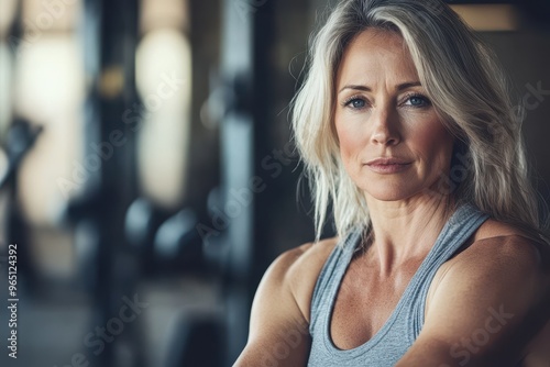 Woman in gym posing mid age