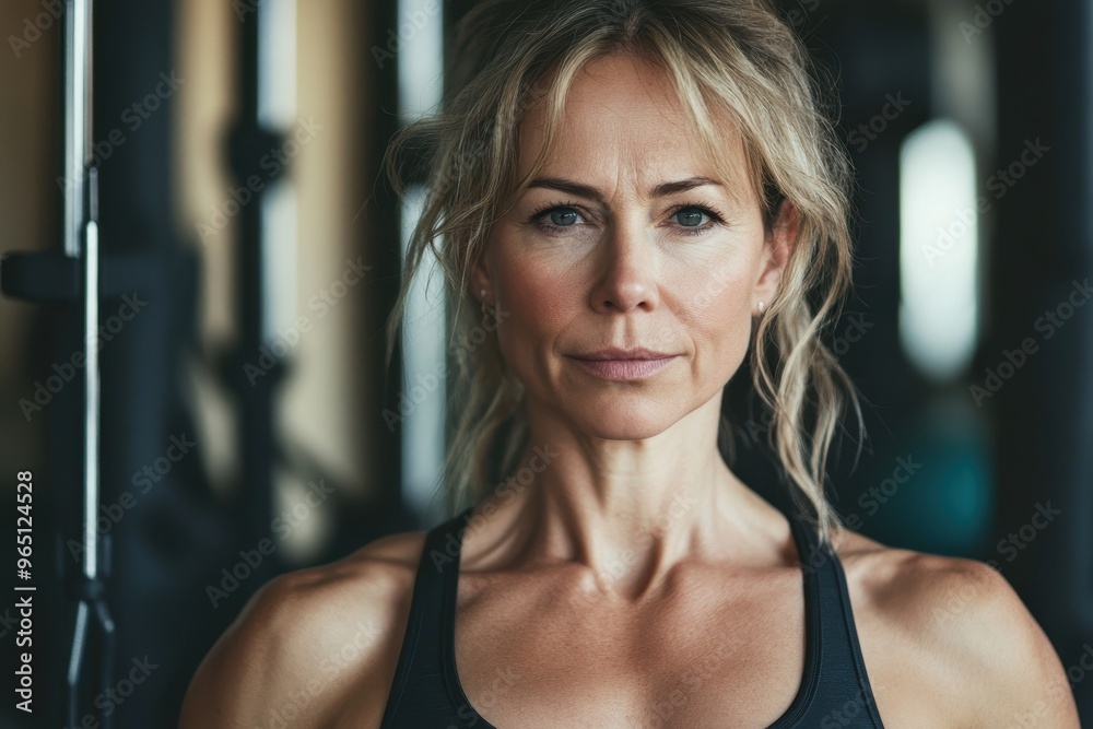Woman in middle age posing at gym Woman in middle age posing at gym