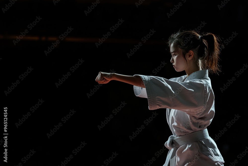 Woman in traditional clothing doing martial arts on dark background Sport ad with space for text Woman in traditional clothing doing martial arts on dark background Sport ad with space for text