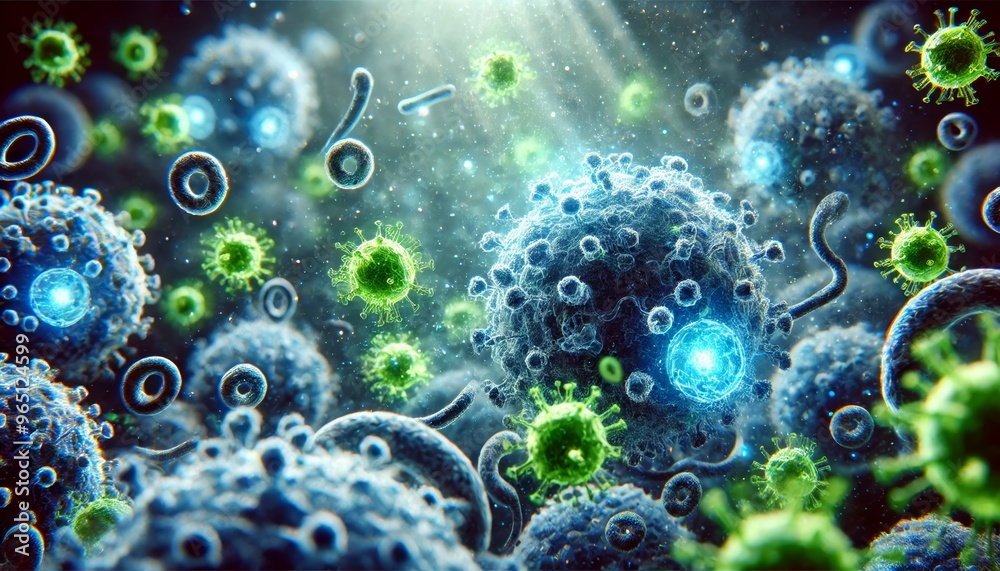 A highly detailed image of blue-glowing human immune cells (like T-cells) actively attacking green virus particles. A highly detailed image of blue-glowing human immune cells (like T-cells) actively attacking green virus particles.