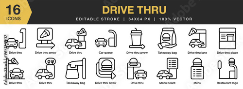 Drive Thru icon set. Editable Stroke Icon Collection. Includes rubber drive thru, menu, restaurant, take away, and More. Outline icons vector collection.
