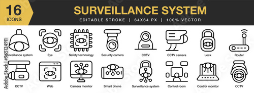 Surveillance System icon set. Editable Stroke Icon Collection. Includes camera monitor, cctv, control, router, safety technology, surveillance system, and More. Outline icons vector collection.