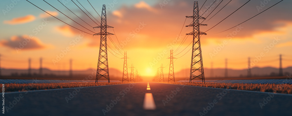 A serene sunset scene depicting power lines alongside an empty road, creating a peaceful atmosphere for travel or reflection. A serene sunset scene depicting power lines alongside an empty road, creating a peaceful atmosphere for travel or reflection.