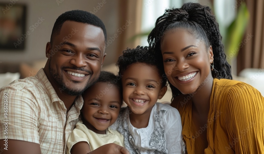 A happy black colored family with two children sitting on the sofa at home, laughing and playing together in the living room. High-quality, realistic photograph. A happy black colored family with two children sitting on the sofa at home, laughing and playing together in the living room. High-quality, realistic photograph.
