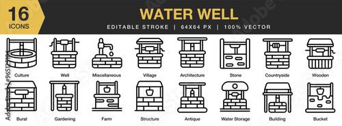 Water Well icon set. Editable Stroke Icon Collection. Includes water storage, bucket, bural, antique, gardening, stone, and More. Outline icons vector collection.