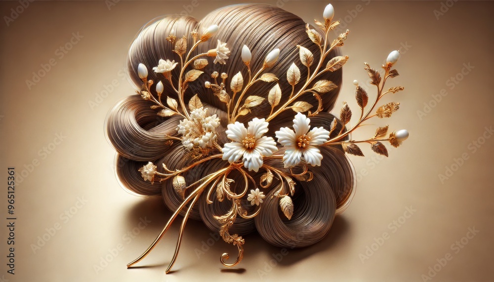 Naklejka premium A luxurious fashion hairpin shaped like golden branches and white flowers, similar to those in the provided floral design.