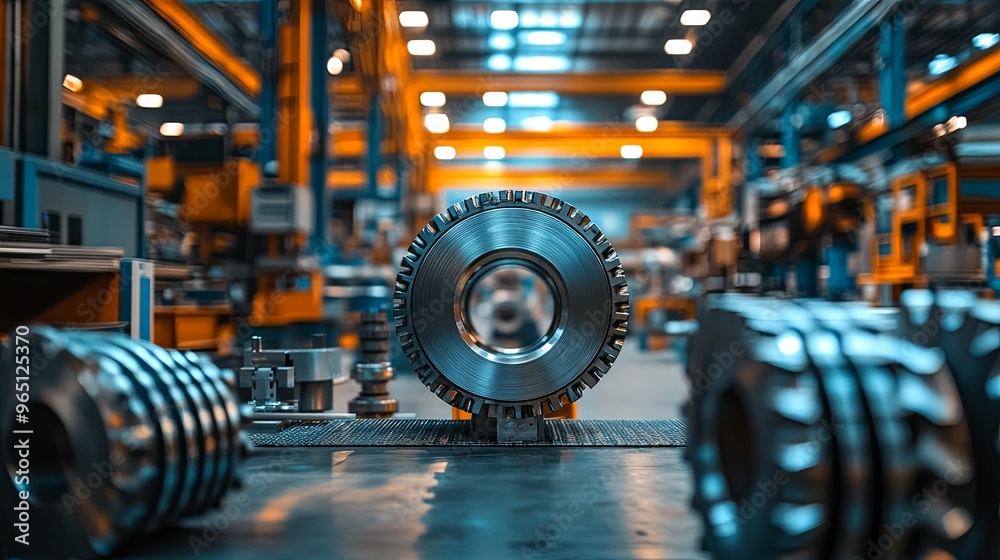 A Close-up of a Metal Gear in a Factory Setting A Close-up of a Metal Gear in a Factory Setting