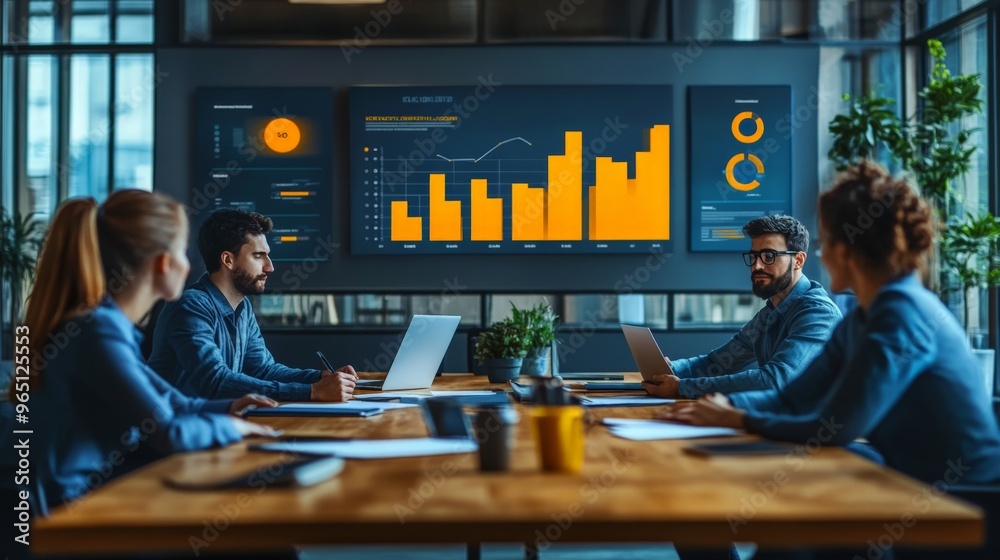 Data-Driven Strategies: A focused business team analyzes glowing ...