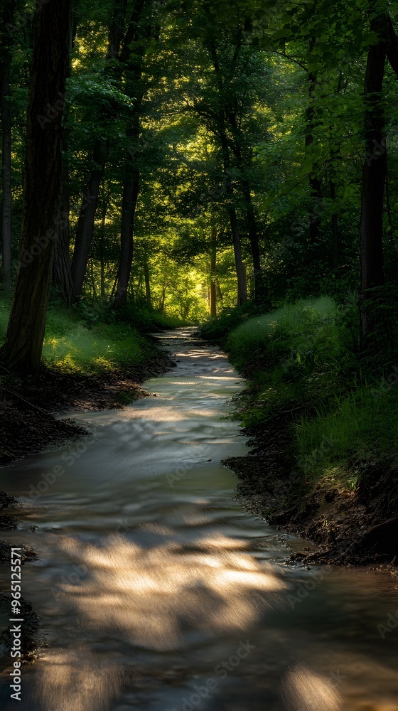 Obraz premium Sunbeams Illuminating a Woodland Stream