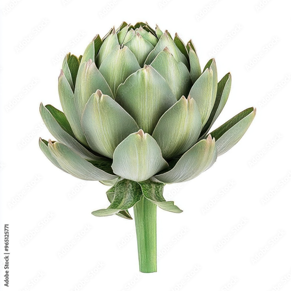 Close-up of an artichoke bud with green leaves and a stem on a white background. Close-up of an artichoke bud with green leaves and a stem on a white background.