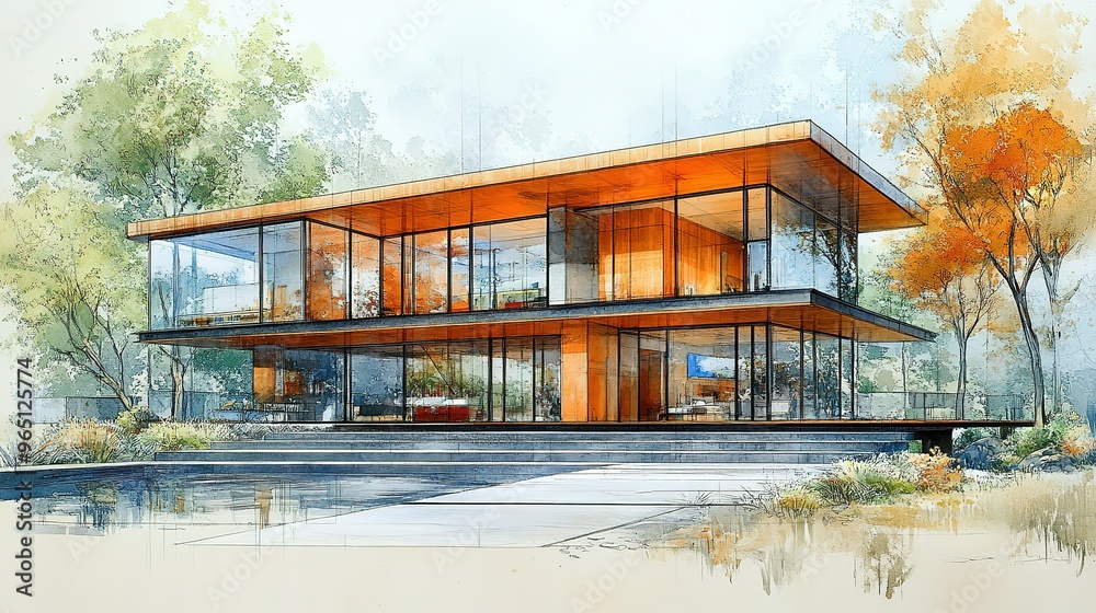 Obraz premium A modern, two-story house with a swimming pool in a natural setting.