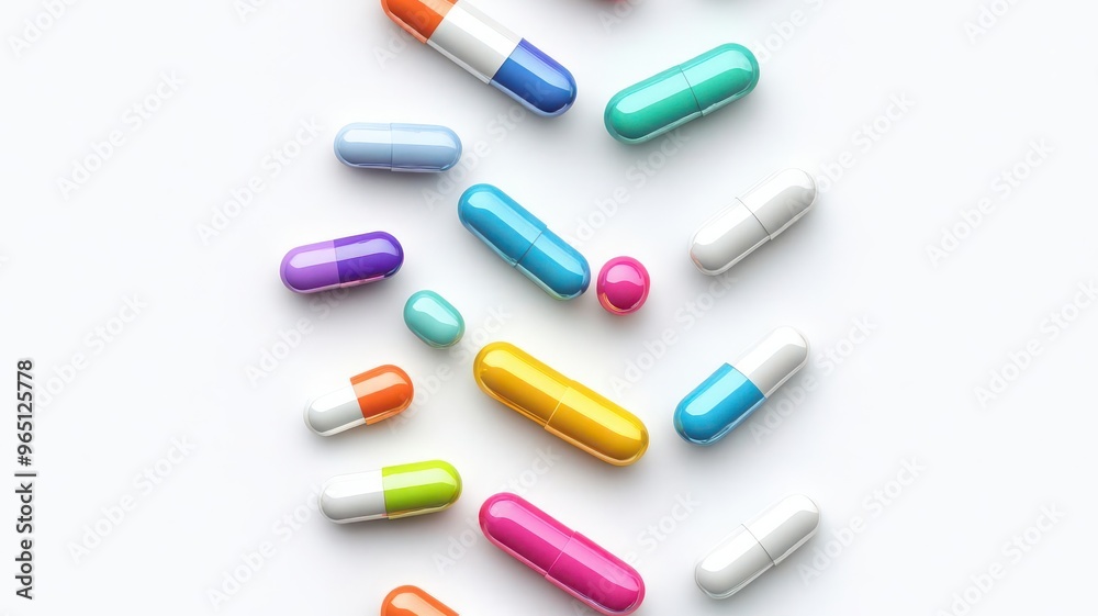 3D multicolored pills creating a seamless wave pattern on a white backdrop, medicine, dynamic, vibrant, great for use in energetic health campaigns or medical apps 3D multicolored pills creating a seamless wave pattern on a white backdrop, medicine, dynamic, vibrant, great for use in energetic health campaigns or medical apps