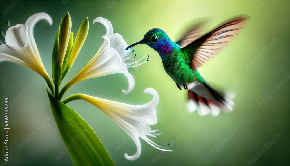 Fototapeta premium A vibrant hummingbird hovering near a white flower, with its wings blurred in motion as it feeds on nectar.