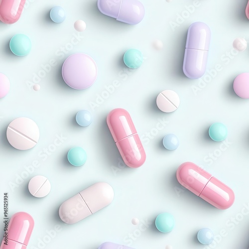 3D vitamins and pills in a mosaiclike seamless pattern, pastel tones, soft shadows, wellness theme