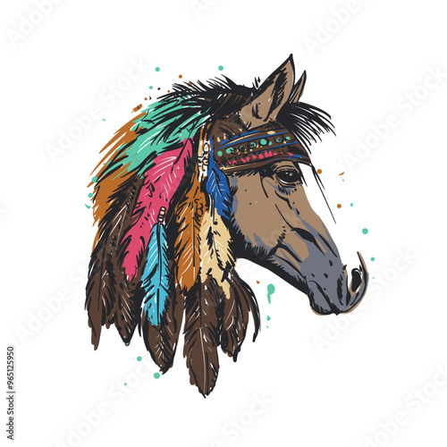 Native American Horse with Feathers Vector Illustration