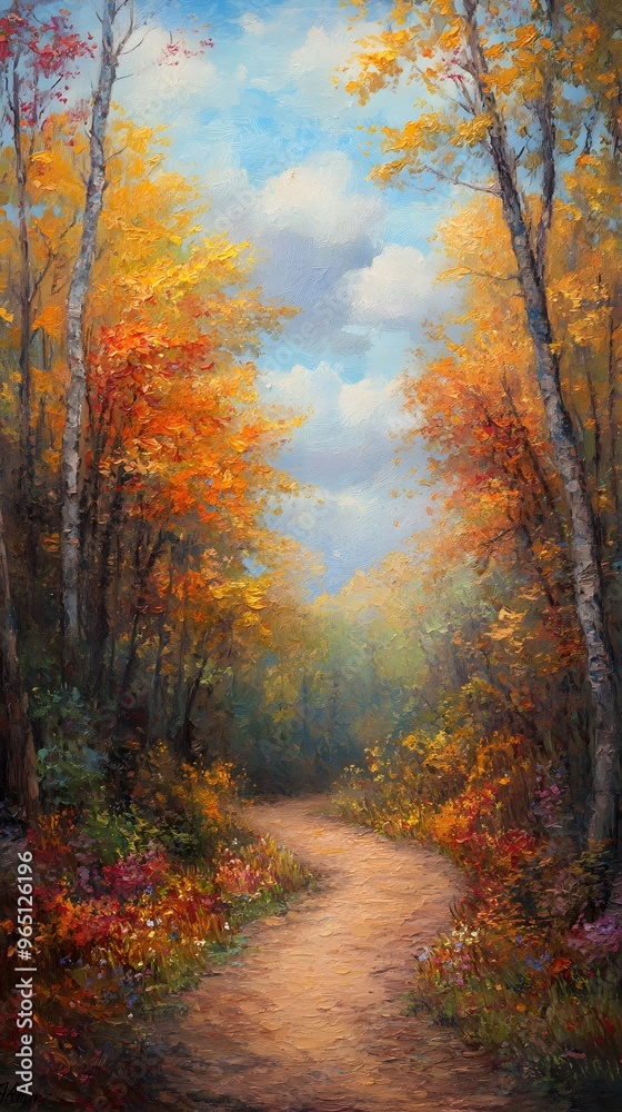 Oil Painting of a Winding Path Through an Autumn Forest Oil Painting of a Winding Path Through an Autumn Forest