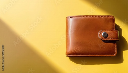 Sunlit Leather Wallet: A rich brown leather wallet rests on a vibrant yellow background, bathed in sunlight.  The image evokes feelings of warmth, security, and financial well-being.