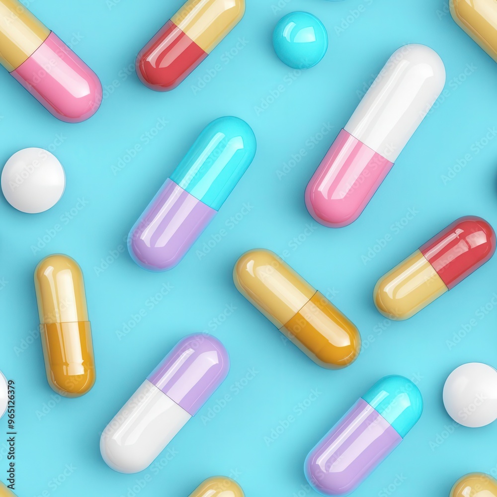 Glossy 3D capsules and pills in various colors, creating a seamless pattern, medicalthemed background, clean and minimalistic design Glossy 3D capsules and pills in various colors, creating a seamless pattern, medicalthemed background, clean and minimalistic design