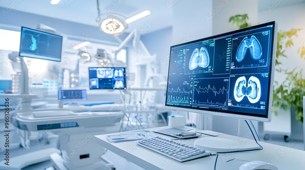 Medical scans on computer monitor in a hospital room.