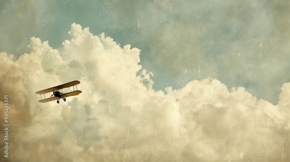 Naklejka premium Vintage Biplane Soaring Through Cloudy Sky - Atmospheric Aviation Photograph