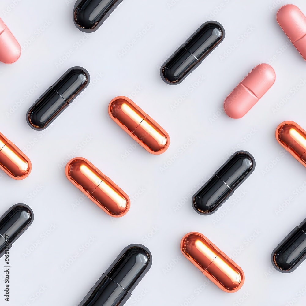 Metallic 3D pills and vitamins in a seamless grid pattern, sleek surfaces, medical innovation theme Metallic 3D pills and vitamins in a seamless grid pattern, sleek surfaces, medical innovation theme