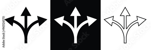 Three-way direction red arrow icon. Abstract three head arrows silhouette. Road direction icon. Vector illustration in eps 10.