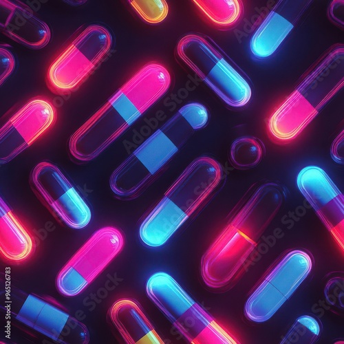 Neoncolored 3D pills and capsules arranged in a seamless pattern, dark background, glowing effect, high detail