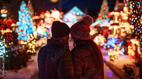 "Cozy Couple in Matching Sweaters Enjoying a Christmas Evening by the Tree"