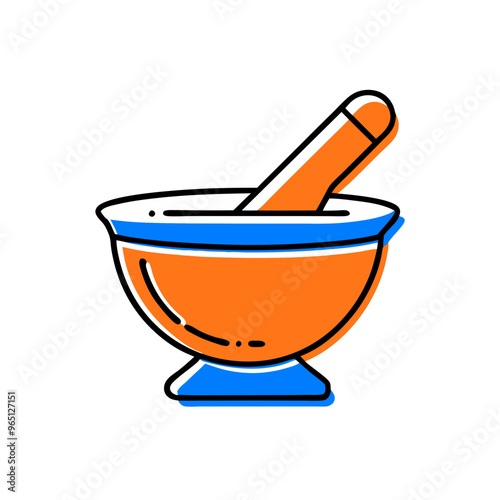 Mortar and pestle illustration in orange and blue for science and chemistry